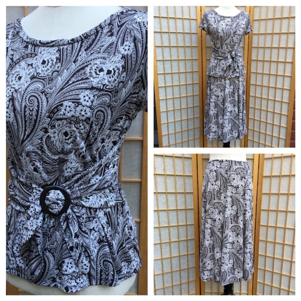 Perceptions New York Brown Paisley Print Top & Skirt SZ 8